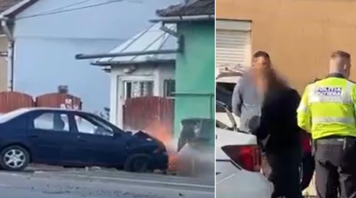 (Video) Un preot s-a urcat băut la volan, a lovit o mașină parcată și o țeavă de gaz. Autoturismul a luat foc instant 1